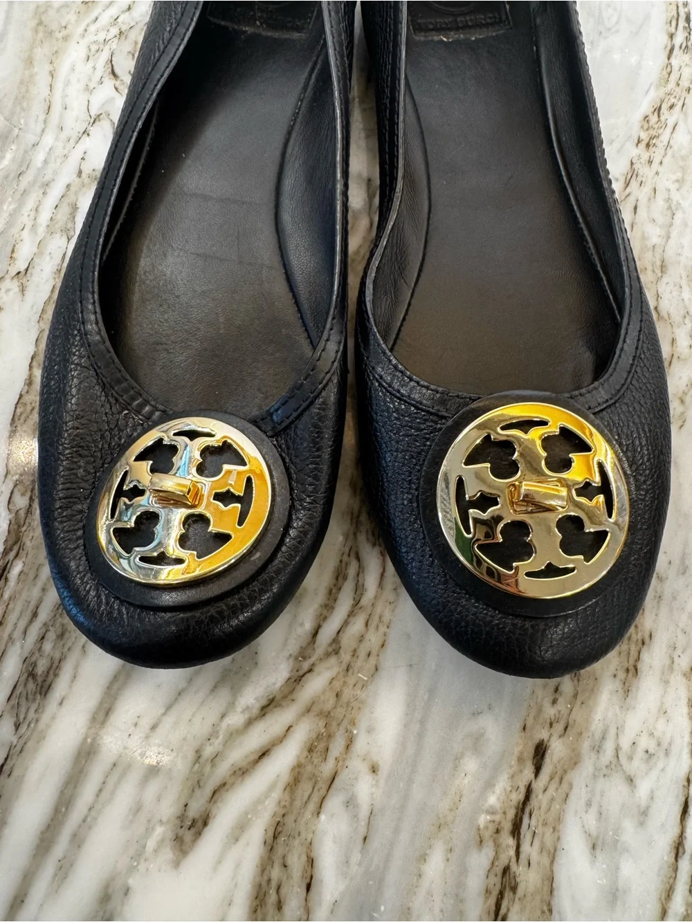 Tory Burch Black Leather Ballet Flats with Gold Logo Medallion